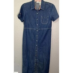 VTG White Stag Denim‎ Pearl Snap Maxi Dress Sz L Blue Western Pockets Minimalist